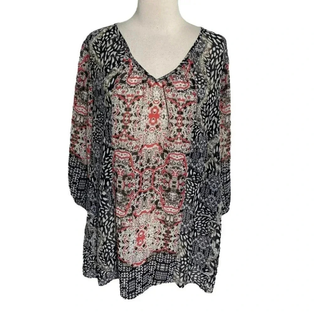 Valerie Stevens L black cream & red sheer boho long sleeve tunic